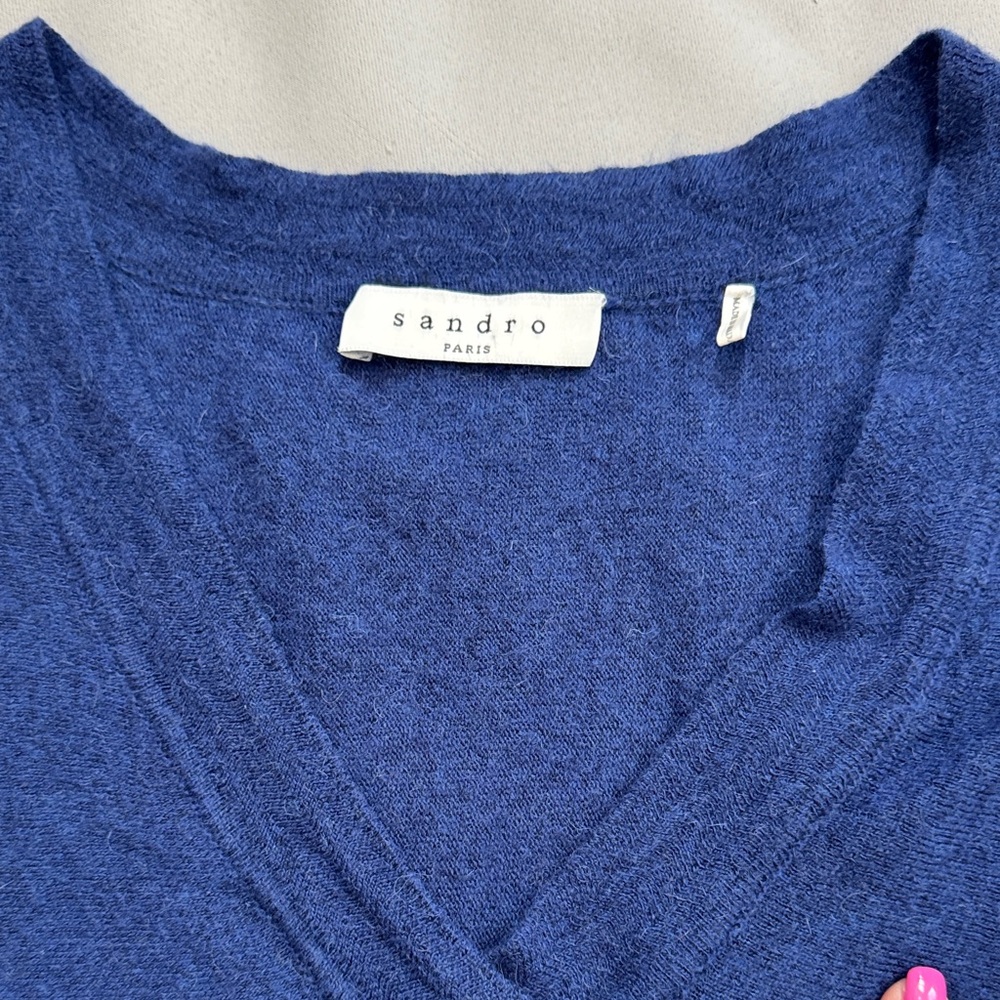 Sandro Paris Blue Alpaca/Wool Blend Oversized V-Neck Sweater - Size M - Picture 2 of 8